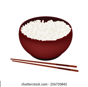 Japanese Cuisine, Illustration of White Steamed Rice in Donburi Bowl Isolated on A White Background. 