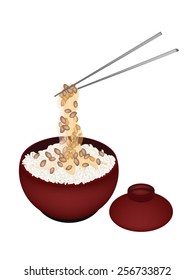 Japanese Cuisine, Illustration of White Steamed Rice Topping with Soybean Natto in Donburi Bowl Isolated on A White Background. 