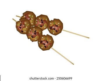 Japanese Cuisine, Illustration of Yakitori Tsukune or Japanese Chicken Meatballs with Soy Sauce and Sesame Seeds. 