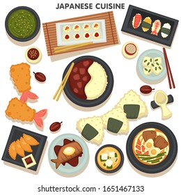 Japanese cuisine maki roll with fish salmon or tuna and shrimp, traditional salad seaweed with sesame. Tasty raw food with avocado and sashimi on plate and sushi on table with chopsticks vector