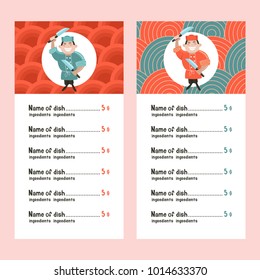 Japanese cuisine.  Menu template restaurant or cafe of Japanese food. Japanese chef with two knives. Vector illustration.