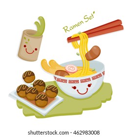 Japanese Cuisine. Japanese Noodles served with TakoYaki and Green Tea.