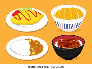 Japanese cuisine: Omurice (omelette with fried rice), Curry rice, Tonkatsu (Pork and egg on rice), Unadon (grilled eel on rice)