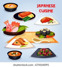 Japanese cuisine popular dishes icon. Fried fish with vegetable, sushi roll and sashimi, grilled salmon with teriyaki sauce, miso soup with shrimp, seafood corn soup, liver pepper stew, omelette roll