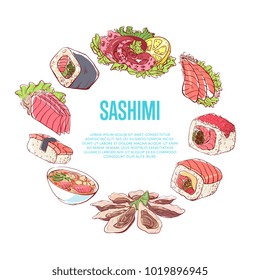 Japanese cuisine poster with asian food on white background. Octopus, oysters, tuna, nigiri, sushi roll with shrimps, sashimi, soup with seafoods vector illustration. Oriental restaurant menu design.