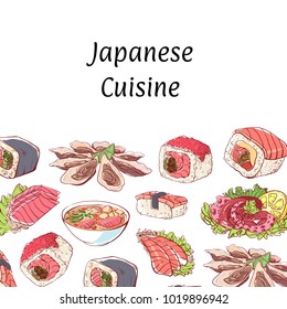 Japanese cuisine poster with delicious asian dishes on white background. Octopus, oysters, tuna, nigiri, sushi roll with shrimps, sashimi with salmon and soup with seafoods vector illustration.
