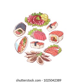 Japanese cuisine poster with delicious asian dishes on white background. Octopus tentacle, oysters, tuna, nigiri, sushi roll with shrimps, sashimi with salmon, soup with seafoods vector illustration.