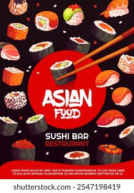 Cartel de cocina japonesa con rollos de sushi voladores y palillos, Vector de comida asiática. Sushi bar restaurante menú flyer de dibujos animados de salmón nigiri, mariscos maki y gunkan, hosomaki, futomaki, uramaki rollos