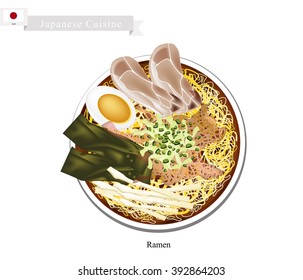 Japanese Cuisine, Ramen or Noodle Soup with Sliced Pork, Dried Seaweed, Chives, Pickled Bamboo Shoots and Boiled Egg. One of The Most Popular Dish in Japan.