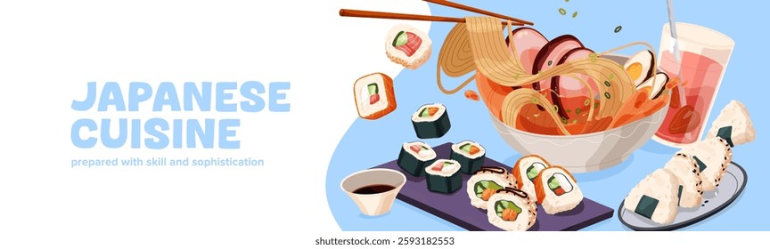 Japanese cuisine restaurant advertising banner design. Asian cafe promotion. Template with snacks, meals, cooked eating. Food composition with sushi, noodles, onigiri, soup. Flat vector illustration