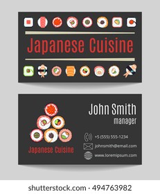 Japanese cuisine restaurant black business card both sides vector illustration
