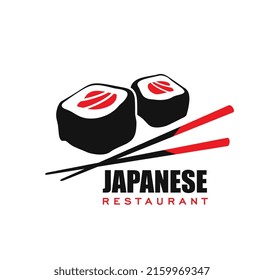 Icono del restaurante de cocina japonesa. Cafetería japonesa, símbolo vectorial del restaurante sushi o icono con rollos cuadrados de sushi Hosomaki Tekka o Negitoro Maki con carne de atún y palillos de bambú