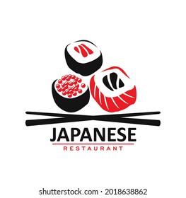 Japanese cuisine restaurant icon, rolls and sticks. Vector emblem for asian cafe with traditional meal of Japan seafood with rice, salmon fish or caviar and bamboo sticks. Red and black colored label