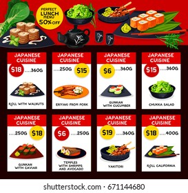 Japanese cuisine restaurant menu template. Vector lunch offer for walnut roll, pork teriyaki and guncan with cucumber or caviar, chukka salad, shrimps and avocado temples, yakitori and roll california