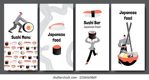 Japanese cuisine restaurant and sushi bar vector banner set with cartoon characters in flat style