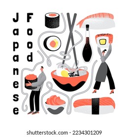 Japanese cuisine restaurant vector banner with funny characters, sushi and soup. Isolated illustration in flat cartoon style