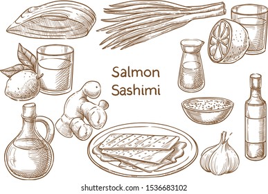 Japanese  cuisine. Salmon sashimi. ingredients. Sketch