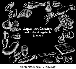 Japanese Cuisine. Seafood and Vegetable Tempura ingredients vector sketch