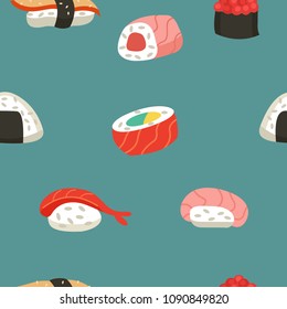 Japanese cuisine. Seamless pattern. Sushi and rolls.