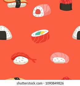 Japanese cuisine. Seamless pattern. Japanese sushi rolls. Vector illustration in cartoon style.