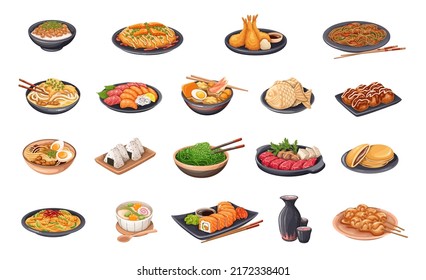 Cocina japonesa ambientada, ilustración del vector de comida asiática. Caricatura aislada de palillos de madera y tazones con ramen y fideos de udon cocidos, sushi y panecillos, colección de menú de almuerzo de restaurante de Japón