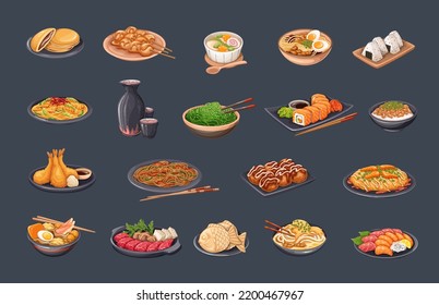 Japanese cuisine set, Asian food vector illustration. Collection of restaurant lunch menu from Japan. Cartoon isolated sushi and rolls, wooden chopsticks and bowls with cooked ramen and udon noodle.