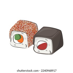 japanese cuisine, set of asian food. for restaurant menus and posters. delivery sites vector flat illustration isolated on white background. sushi rolls onigiri soy sauce set. stock picture