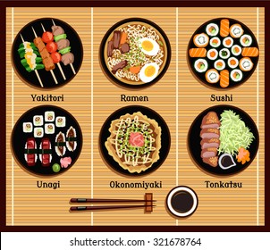 Japanese cuisine set dishes flat style. Yakitori ramen sushi unagi okonomiyaki tonkatsu, dish traditional, fish dinner, delicacy and chopsticks illustration