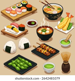 Cozinha Japonesa Set com Comida Isométrica, e Pratos.