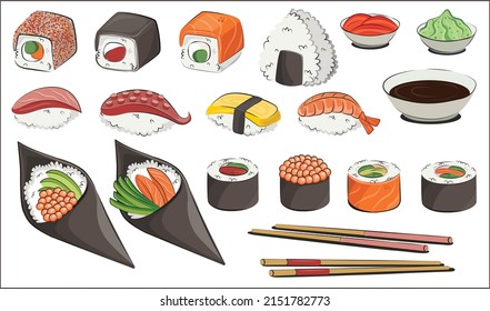 Cocina japonesa, comida fija. para menús y afiches del restaurante.   sitios de entrega vectorial ilustración plana aislada en fondo blanco. el sushi arroja un conjunto de salsa de soja de onigiri. imagen de stock.