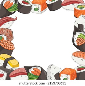 Japanese cuisine, set food. for restaurant menus and posters.   delivery sites vector flat illustration isolated on white frame background. sushi rolls onigiri soy sauce set. stock picture.