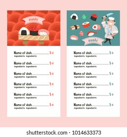 Japanese cuisine. Set of menu templates. Japanese chef with two knives. Set of traditional Japanese dishes. The sushi rolls. Vector illustration.