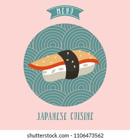 Japanese cuisine. A set of traditional Japanese dishes. Vector illustration in cartoon style. Colorful menu template of Japanese cuisine cafe.