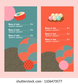 Japanese cuisine. A set of traditional Japanese dishes. Vector illustration in cartoon style. Colorful menu template of Japanese cuisine cafe.