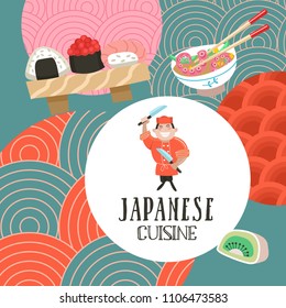 Japanese cuisine. A set of traditional Japanese dishes. Japanese chef with a large kitchen knife. Vector illustration in cartoon style. Colorful menu template of Japanese cuisine cafe.