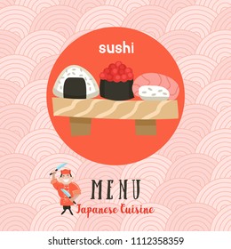 Japanese cuisine. A set of traditional Japanese dishes. Japanese chef with a large kitchen knife. Vector illustration in cartoon style. Colorful menu template of Japanese cuisine cafe.