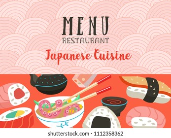Japanese cuisine. A set of traditional Japanese dishes. Vector illustration in cartoon style. Colorful menu template of Japanese cuisine cafe.