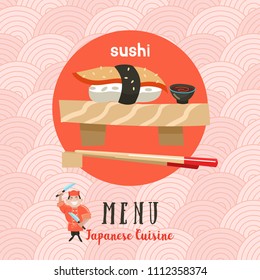 Japanese cuisine. A set of traditional Japanese dishes. Japanese chef with a large kitchen knife. Vector illustration in cartoon style. Colorful menu template of Japanese cuisine cafe.