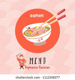 Japanese cuisine. A set of traditional Japanese dishes. Japanese chef with a large kitchen knife. Vector illustration in cartoon style. Colorful menu template of Japanese cuisine cafe.