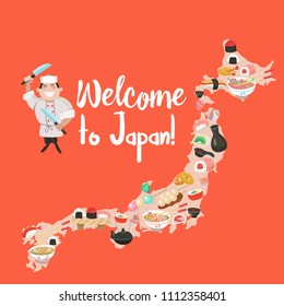 Japanese cuisine. Set of traditional Japanese dishes on the background of the map of Japan. Vector illustration in cartoon style. Menu template of Japanese cuisine cafe.