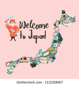 Japanese cuisine. Set of traditional Japanese dishes on the background of the map of Japan. Vector illustration in cartoon style. Menu template of Japanese cuisine cafe.