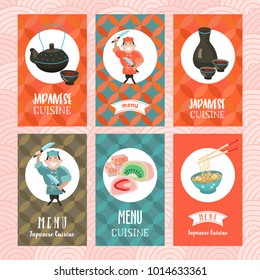 Japanese cuisine. Set of vector cards. Japanese chef with two knives. Sake, noodles, sweets, tea on the background of traditional pattern.