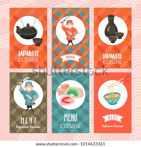 Japanese cuisine. Set of vector cards. Japanese chef with two knives. Sake, noodles, sweets, tea on the background of traditional pattern.