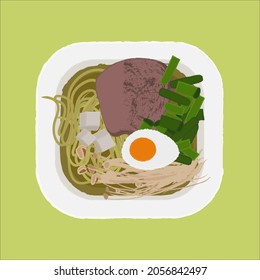 Japanese cuisine soup ramen, asian noodle fast food vector illustration. Bowl of ramen soup for restaurant.