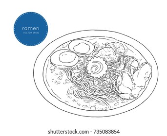 Japanese cuisine soup ramen sketch vector.