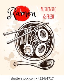 Japanese cuisine soup ramen. Vector Hand drawn illustration. Menu or signboard template for restaurant.