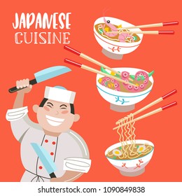 Japanese cuisine. Japanese soups. Noodles, seafood, shrimp, octopus. Japanese chef with a large cooking knife. Vector illustration in cartoon style.