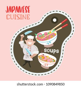 Japanese cuisine. Japanese soups. Noodles, seafood, shrimp, octopus. Japanese chef with a large cooking knife. Vector illustration in cartoon style.