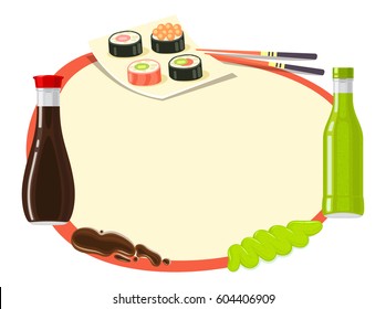 Japanese Cuisine soy sauce, sushi and wasabi in circle on white background. Two bottles with soy sauce and wasabi. Four types of sushi with chopsticks. Traditional Japanese food vector illustration.