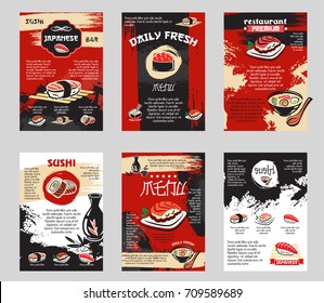 Japanese cuisine sushi bar or Asian restaurant posters set for menu template. Vector design of soy sauce, salmon fish sushi roll or tuna noodle and seafood rice soup in bowl, chopsticks with green tea